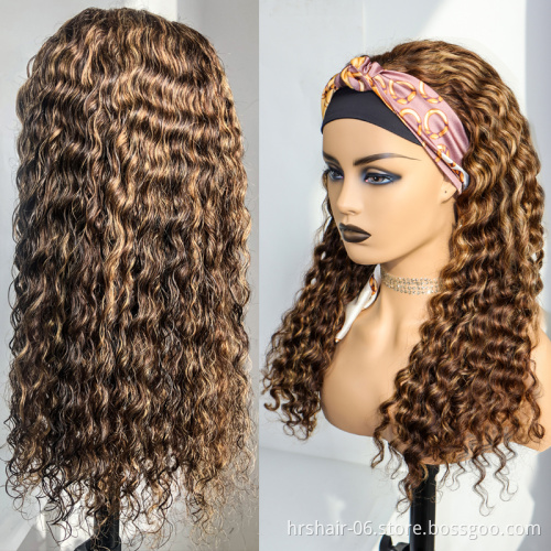 Drop Shipping 100% Virgin Brazilian Human Hair Headband Wigs Cheap Wholesale Deep Wave Highlight Ombre P4/27 Color No Lace Wigs